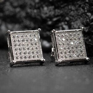 White Gold Sterling Silver Hip Hop Cz Square Flat Screen Mens Stud Earrings